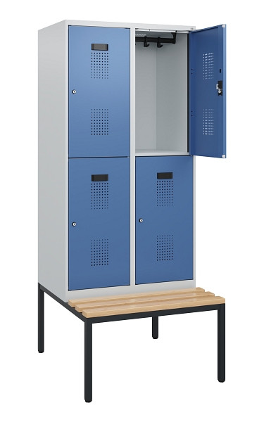 C+P Doppelstöckiger Spind Evolo PLUS, Bank, 4 Fächer, 1950x800x815mm, 7035/5023, Zylinderschloss, Sitzfläche Buche-Hartholz, Sitzbank, 0493505-22 S10033