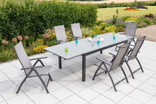Merxx Vicenza Set 7-teilig, 6 Klappsessel, 1 Semi Ausziehtisch, 200 (300) x 110 cm, graue Tischplatte, graphit/diamantbraun, 50289-217