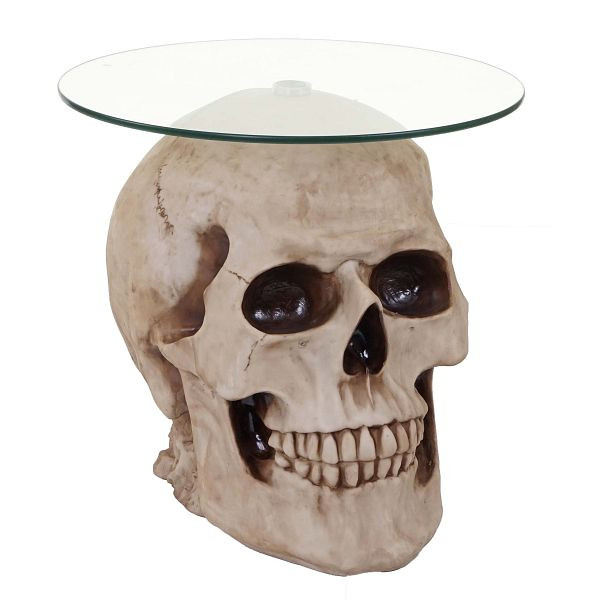 Mendler Beistelltisch Totenkopf HWC-A19, Glastisch Wohnzimmertisch Couchtisch Totenschädel, Polyresin rund Ø55cm natur, 62695