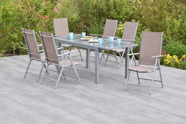 Merxx Amalfi Set 7-teilig, 6 Amalfi Klappsessel, Rückenlehne verstellbar, 1 Ausziehtisch 140 (200) x 90 cm, silber/taupe, 50350-325