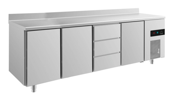 A&S Polarny Kühltisch -2 bis +8°C mit 3x Türen und 1x drei Schubladen mittig-rechts, 2330 x 700 x 850 mm, mit Aufkantung, KT4TTDTA