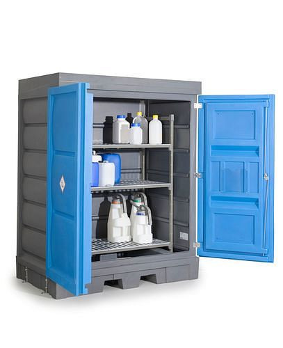 DENIOS PolySafe Gefahrstoffdepot D, mit Türen und Kunststoffregal für Kleingebinde, 265939