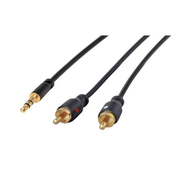 S-Conn Super Slim Audiokabel, 3,5mm Stereo Mini-Stecker auf 2x Cinchstecker, vergoldete Kontakte, Rundkabel, schwarz, 1,5m, 33983-S