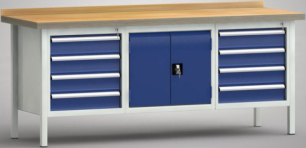 KLW Standard-Werkbank - 2000 x 700 x 900 mm L x T x H (ERGO-Version), links & rechts 4x125EA, mittig 2-türiger Schrank, WS239E-2000M40-E2050