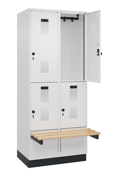 C+P Doppelstock-Spind Evolo PLUS, Bank, 4 Fächer, 1950x800x815mm, 9016/9016, Drehriegel, Sitzfläche Buche-Hartholz, mit Sockel, 049340-22 S10020