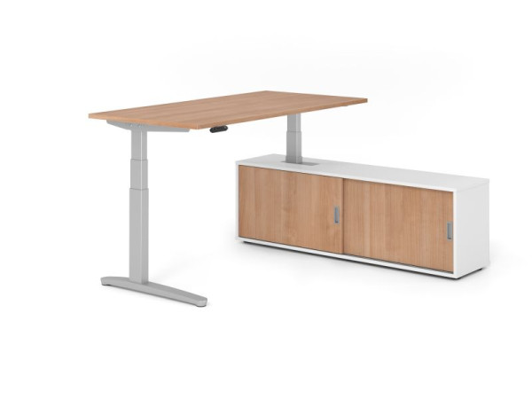 Hammerbacher Schreibtisch XBHM16, 160x80cm, Platte: Nussbaum, 25mm dick, C-Fuß Gestell Silber, Höhe: 65 - 129 cm, Weiß / Nuss, VXBHM16SB/N/S/W/N