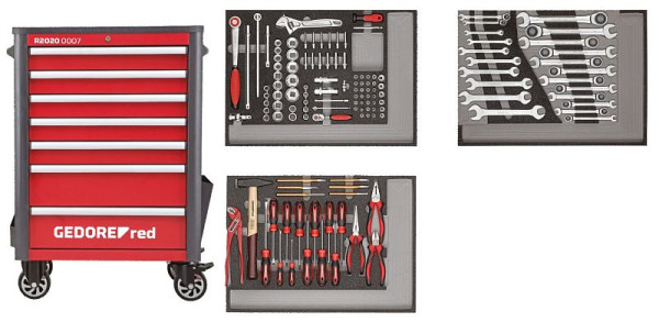 GEDORE red Werkzeugsatz im Werkstattwagen WINGMAN rot 129-teilig, 7 Schubladen, 3301694