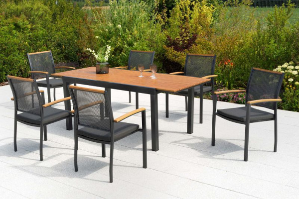 Merxx Itanos Set 13-teilig, 6 Itanos Stapelsessel, 6 Sitzkissen, grau, 1 Ausziehtisch 150 (200) x 90 cm, Tischplatte aus Kunststoff in Holzoptik, 50484-800