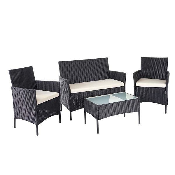 Mendler Poly-Rattan Garten-Garnitur HWC-D82, Sitzgruppe Lounge-Set, schwarz mit Kissen creme, 64502