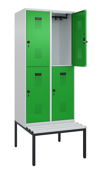 C+P Doppelstock-Spind Evolo PLUS, Bank, 4 Fächer, 2120x800x815mm, 7035/6037, Drehriegel, Sitzfläche Kunststoff, Sitzbank, 0493507-22 S10092