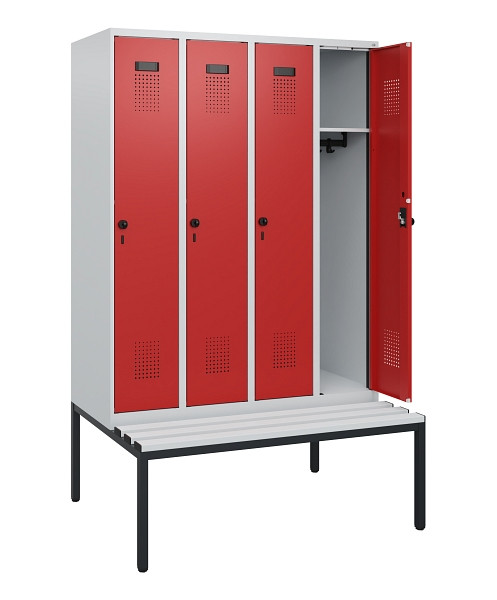 C+P Spind Evolo PLUS, 4 Abteile, 1950x1200x815mm, 7035/3000, Drehriegel, Sitzfläche Kunststoff, Sitzbank, 0490505-40 S10057