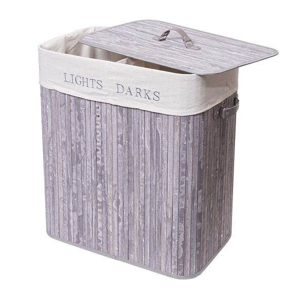 Mendler Wäschekorb HWC-C21, Laundry Wäschebox Wäschesammler Wäschebehälter, Bambus 2 Fächer 63x55x34cm 100l, grau-blau, 74042