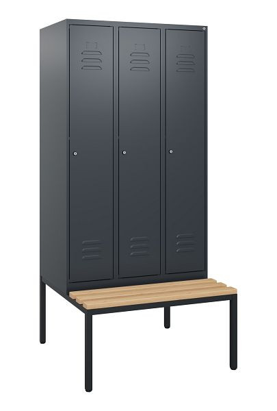C+P Umkleidespind Classic PLUS, mit untergebauter Sitzbank, 3 Abteile, 1950x900x815mm, 7016/7016, Zylinderschlösser, Buche-Sitzleisten, 0800505-30 S10027