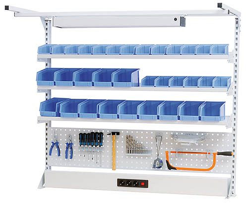 Bedrunka+Hirth Multi-Wand-Aufbau workline mit Obergestell, 1x Energiekanal, 1x Lochwand, 3x Fachboden, Maße in mm (BxTxH): 1500 x 750 x 1250, 03.9001525WL