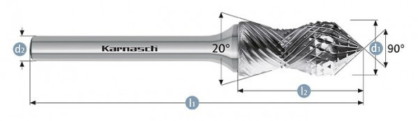 Karnasch Hartmetall-Frässtift unbeschichtet d1= 12,0 / l2= 31 / d2= 6 / l1= 76mm Combi+Curve, 114027100