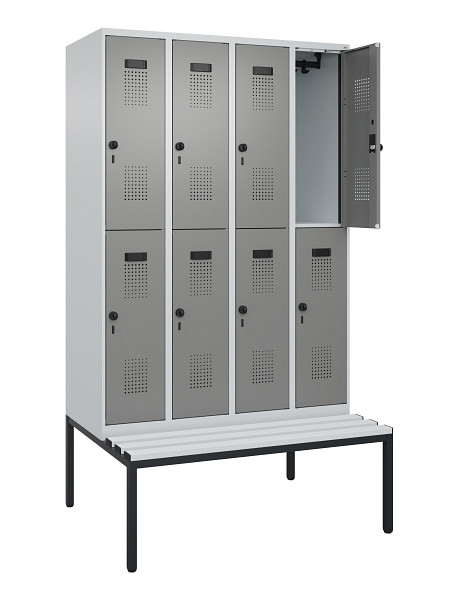 C+P Doppelstock-Spind Evolo PLUS, Bank, 8 Fächer, 2120x1200x815mm, 7035/0004, Drehriegel, Sitzfläche Kunststoff, Sitzbank, 0493507-40 S10095
