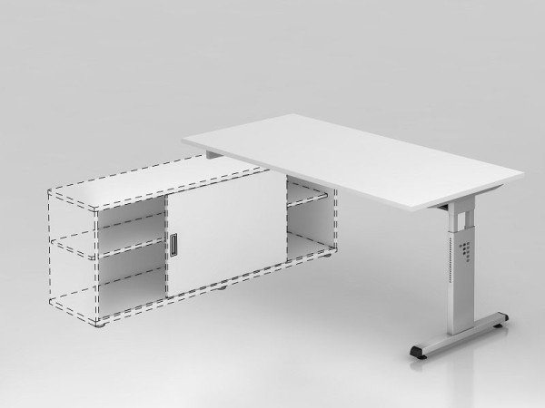 Hammerbacher Anbauschreibtisch T-Fuß 160x80cm Weiß/Silber, Arbeitshöhe einstellbar auf 72cm, 75cm, 78cm, VOSE16/W/S