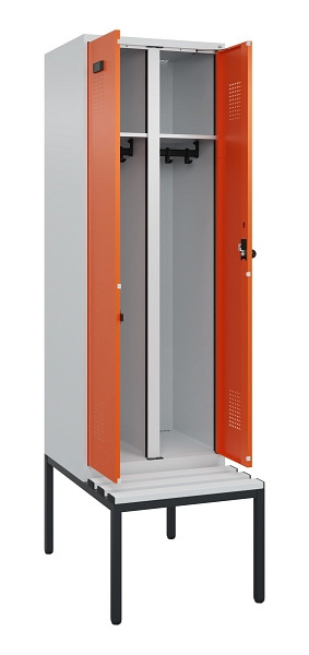 C+P Schwarz-Weiß-Spind Evolo PLUS, Bank, 2 Abteile, 2120x600x815mm, 7035/2004, Drehriegel, Sitzfläche Kunststoff, Sitzbank, 0490527-20 S10056