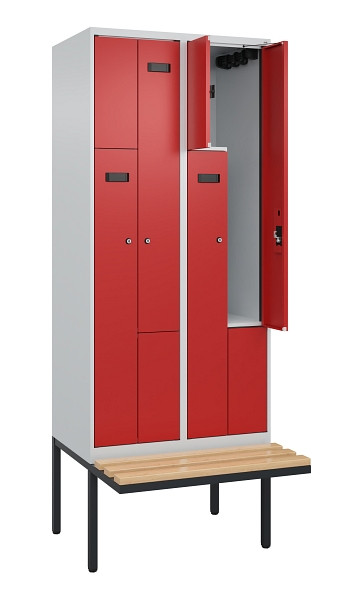 C+P Z-Spind Evolo PLUS, Bank, 4 Fächer, 2120x800x815mm, 7035/3000, Zylinderschloss, Sitzfläche Holz, 0490437-224 S10030