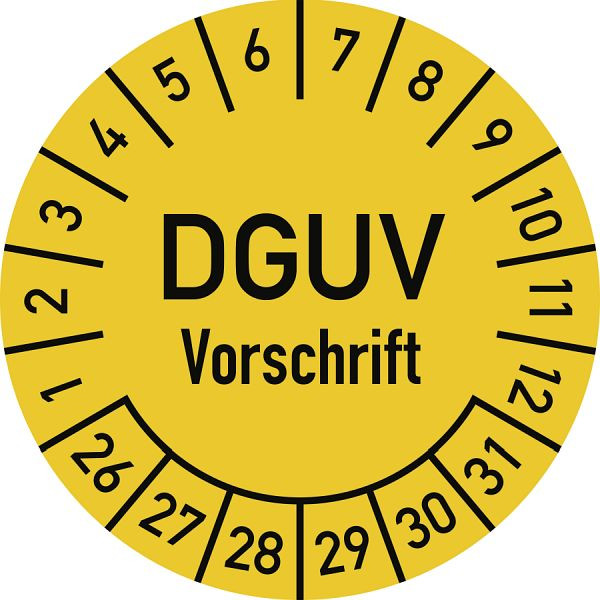 Moedel Prüfplakette DGUV Vorschrift, 2026 - 2031, Folie, Ø 25 mm, VE: 10 Stück/Bogen, 107110