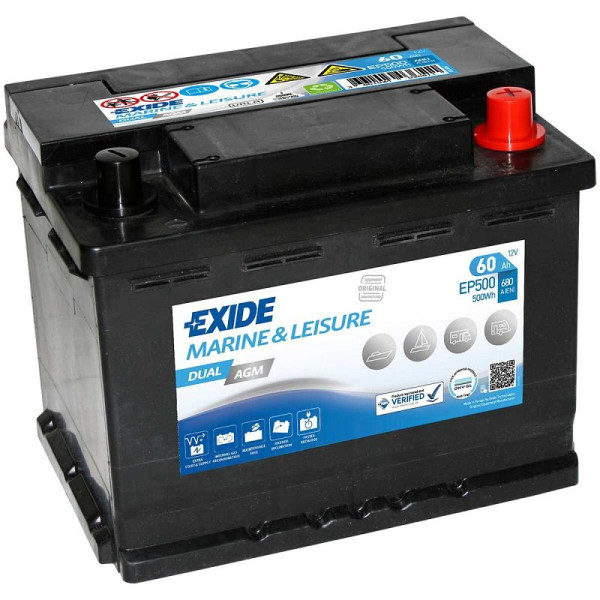 Exide Dual AGM Boots-Batterie 12V 60Ah 500Wh 680A, EP500
