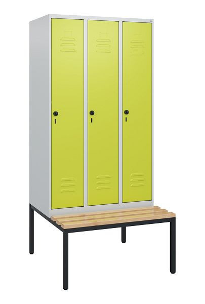 C+P Umkleidespind Classic PLUS, mit untergebauter Sitzbank, 3 Abteile, 1950x900x815mm, 7035/0024, Drehriegel, Buche-Sitzleisten, 0800505-30 S10010