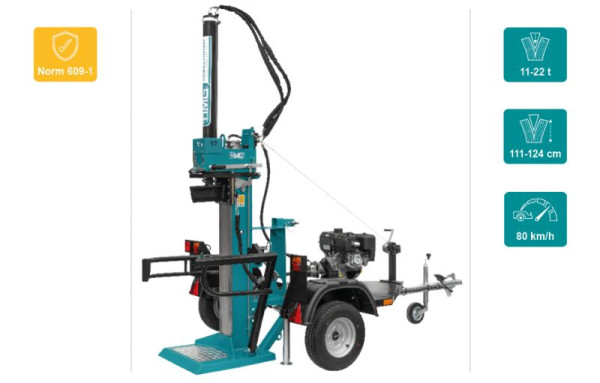 HMG Hydraulik Holzspalter HSA 80-22M mit Anhänger 80 km/h, Benzinmotor 10.3kw B&S, Spaltkraft 22t, Spalthöhe 111cm, Aufbauanleitung, 716 433