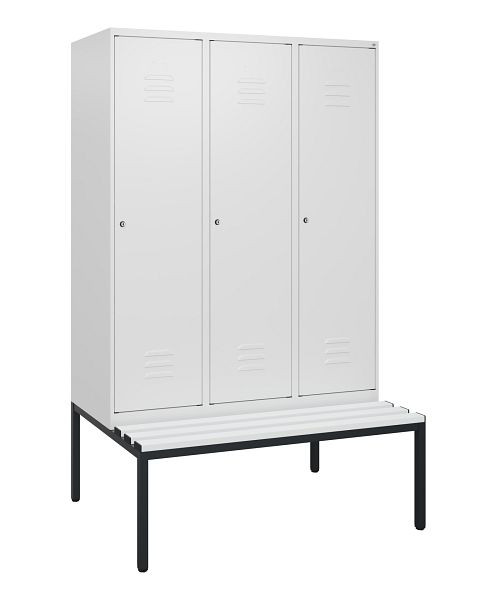 C+P Umkleidespind Classic PLUS, mit untergebauter Sitzbank, 3 Abteile, 1950x1200x815mm, 9016/9016, Zylinderschlösser, 0800505-32 S10059