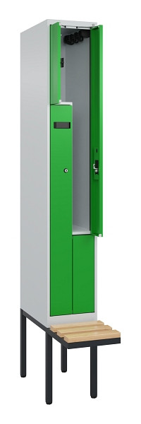 C+P Z-Spind Evolo PLUS, Bank, 2 Fächer, 2120x300x815mm, 7035/6037, Zylinderschloss, Sitzfläche Holz, 0490437-102 S10035