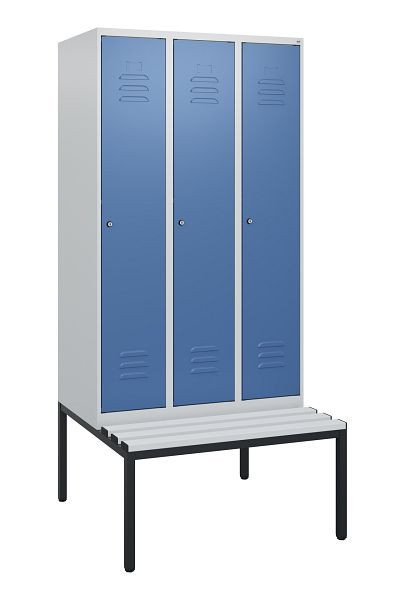 C+P Umkleidespind Classic PLUS, mit untergebauter Sitzbank, 3 Abteile, 1950x900x815mm, 7035/5023, Zylinderschlösser, 0800505-30 S10050