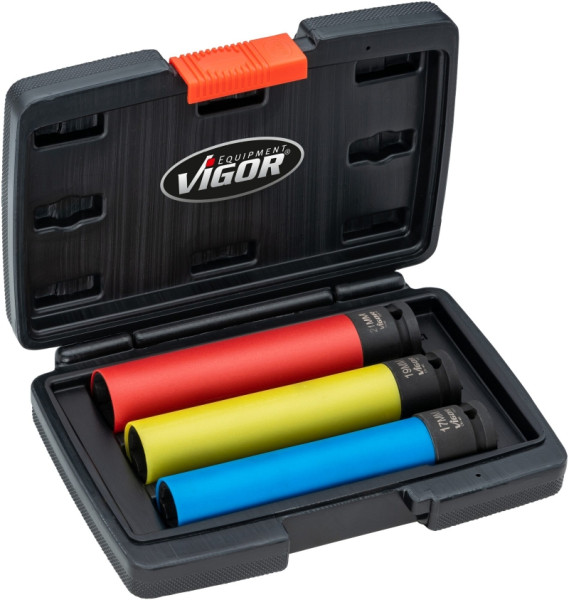 VIGOR Schlagschrauber Steckschlüssel Satz, extra lang, Vierkant 12,5 mm (1/2 Zoll), Außen Sechskant Profil, Anzahl Werkzeuge: 3, V5933/3