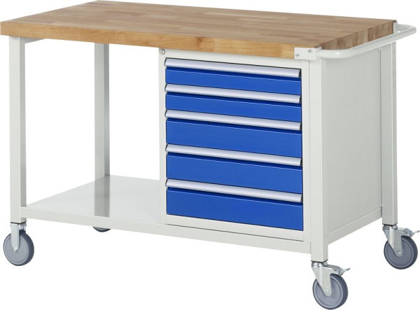 RAU Fahrbare Werkbank 8000 - Modell 8171, B1250 x T700 x H880-1080 mm, Systemunterbau B1245 x T650 mm, 5 Schubladen, 05-8171A6-127B4H.11