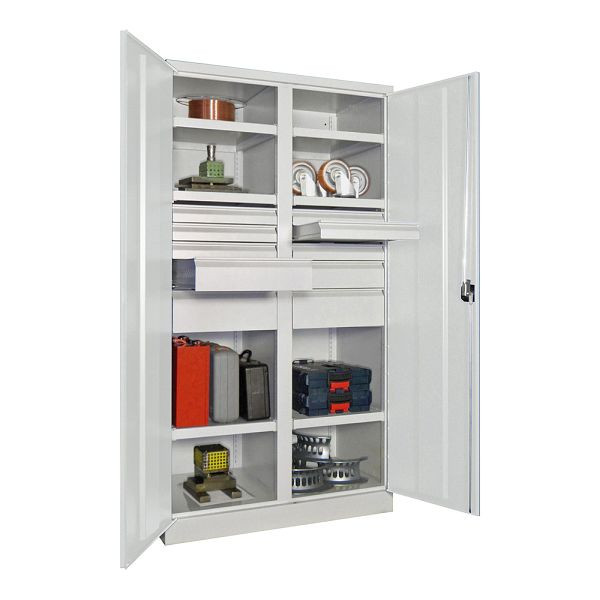 Pavoy Schwerlastschrank 1950/1040/630, Trennwand, 6 gepulverte Fachböden, 10 Schubladen, Flügeltüren, Drehgriff mit Zylinderschloss, 36366-104-006-910204