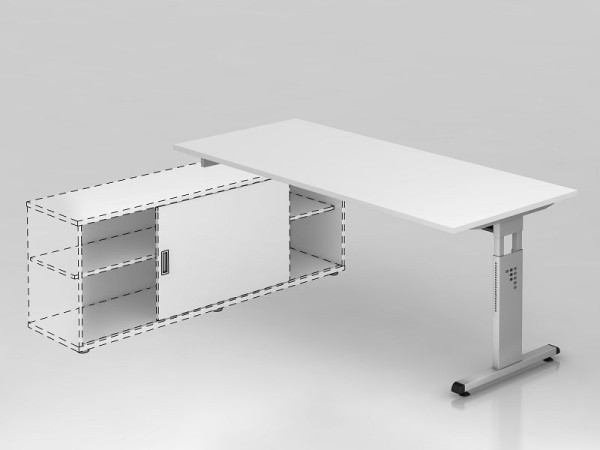 Hammerbacher Anbauschreibtisch T-Fuß 180x80cm, Weiß/Silber, Rechteckform, Aufsatz auf Sideboard 1758, VOSE19/W/S