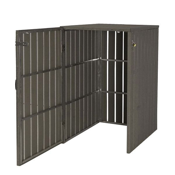 Mendler 1er WPC-Mülltonnenverkleidung HWC-J28, Mülltonnenbox, Metall Holzoptik, erweiterbar 240l, grau, 75959+75960