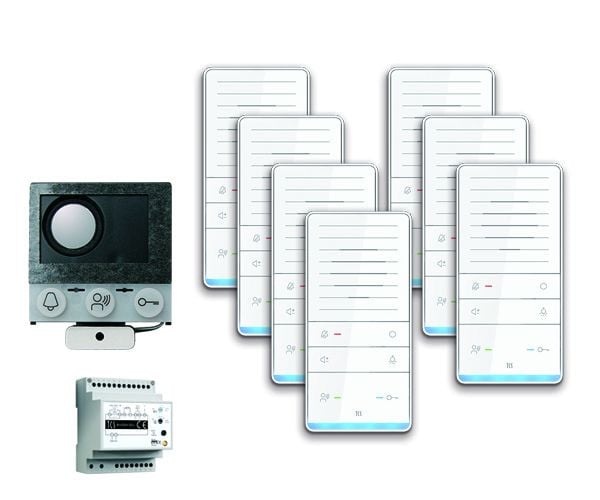TCS Türkontrollsystem audio:pack Einbau für 7 Wohneinheiten, mit Einbaulautsprecher ASI12000, 7x Freisprecher ISW5031, Steuergerät BVS20, PAIF070/002
