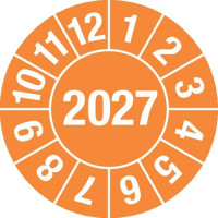 Produktbild von DENIOS Prüfplakette "2027", orange, Folie, selbstklebend, 15 mm, VE: 1 Bogen à 60 Stück, 290138 DENIOS Prüfplakette "2027", orange, Folie, selbstklebend, 15 mm, VE: 1 Bogen à 60 Stück, 290138