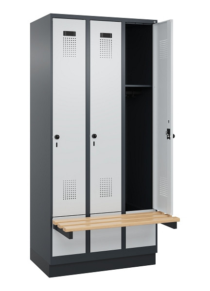 C+P Spind Evolo PLUS, 3 Abteile, 1950x900x815mm, 7016/7035, Drehriegel, Sitzfläche Holz, Sitzbank auskragend Sockel, 049040-30 S10017