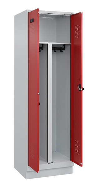 C+P PSA Schwarz-Weiß-Spind Evolo PLUS, mit Sockel, 2 Abteile, 1950x600x500mm, 70, Frontfarbe RAL 3000 feuerrot, Drehriegel, 049022-20P S10003