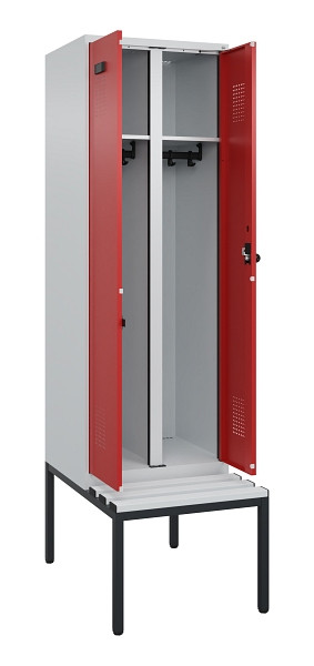 C+P Schwarz-Weiß-Spind Evolo PLUS, Bank, 2 Abteile, 2120x600x815mm, 7035/3000, Drehriegel, Sitzfläche Kunststoff, Sitzbank, 0490527-20 S10057