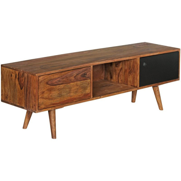 Wohnling TV Lowboard REPA 140 cm Massivholz Sheesham Landhaus 2 Türen & Fach, Braun/Schwarz 4 Füße, WL1.973