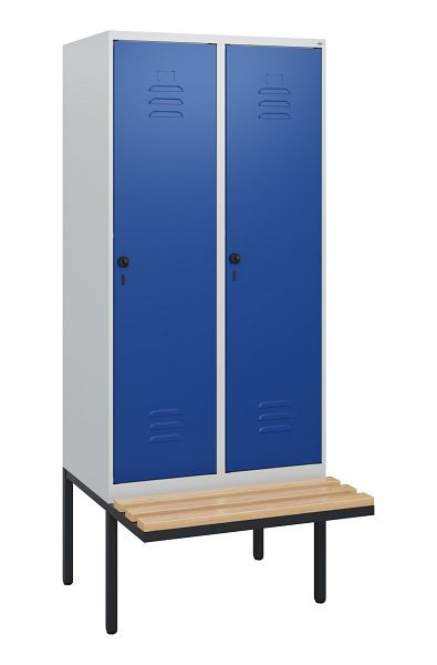 C+P Umkleidespind Classic PLUS, 2 Abteile, 1950x800x815mm, 7035/5010, Drehriegel, Buche-Sitzleisten, 0800405-22 S10003