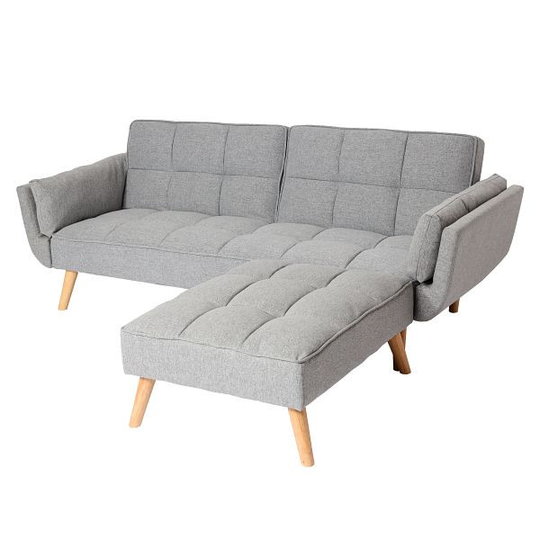 Mendler Schlafsofa HWC-K18 mit Ottomane, Couch Sofa Gästebett, Schlaffunktion 218x175cm, Stoff/Textil hellgrau, 89544+89545+89546