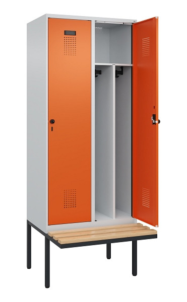 C+P Spind Evolo PLUS, 2 Abteile, 2120x800x815mm, 7035/2004, Haken 4, Drehriegel, Sitzfläche Holz, Trennwand, 0490407-22F S10002