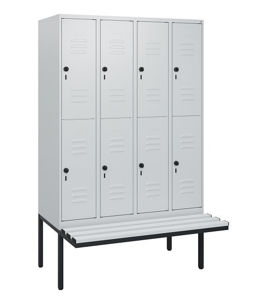 C+P Doppelstöckiger Spind Classic PLUS, 4 Abteile, 1950x1200x815mm, 7035/7035, Drehriegel, mit Untergestell und schwebender Sitzfläche, 0803405-40 S10069