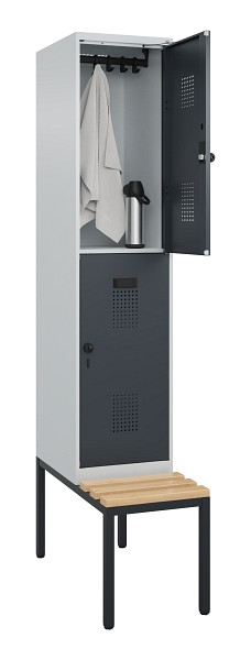 C+P Doppelstock-Spind Evolo PLUS, Bank, 2 Fächer, 2120x400x815mm, 7035/7016, Drehriegel, Sitzfläche Buche-Hartholz, Sitzbank, 0493507-12 S10012