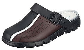ABEBA Berufsschuhe Dynamic Clog schwarz/ braun mit Aufdruck, OB, Fersenriemen klappbar, verstellbar, Glattleder, 7315-40