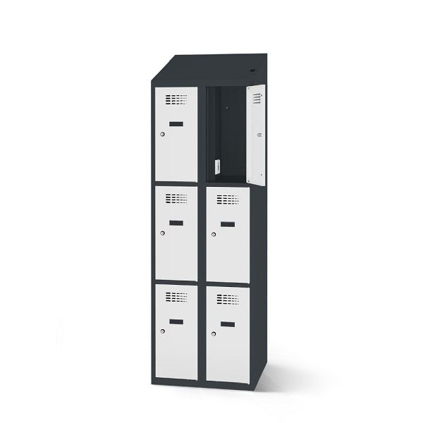 Rotstahl Fächerschrank, 6 Fächer, Stollenfüße, mit Ladefunktion, Schrägdach, Korpus: anthrazitgrau, Türen: lichtgrau, 2180-020300-0802112-7016-7035