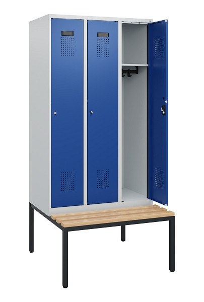 C+P Spind Evolo PLUS, 3 Abteile, 1950x900x815mm, 7035/5010, Zylinderschloss, Sitzfläche Buche-Hartholz, Sitzbank, 0490505-30 S10029