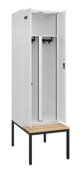C+P PSA Doppel-Spind Evolo PLUS, Bank, 2 Abteile, 2120x600x815mm, 9016/9016, Zylinderschloss, Sitzfläche Buche-Hartholz, Sitzbank, 0490527-20P S10047